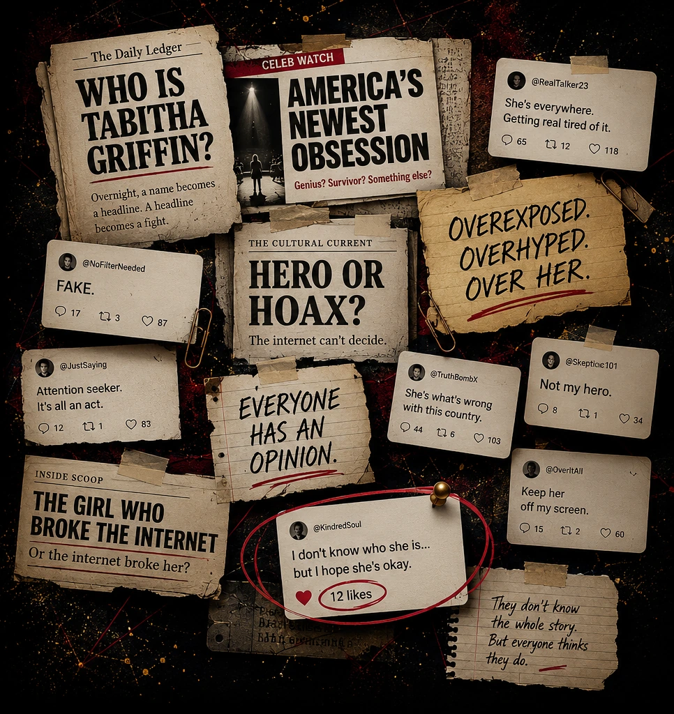 A collage of headlines, social media reactions, and taped notes about Tabitha Griffin becoming a public controversy.