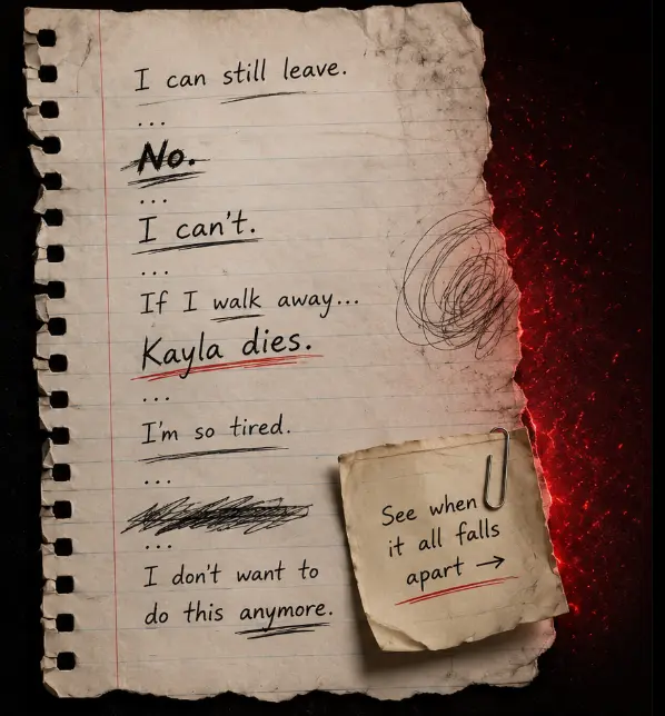 Notebook page with Tabitha's scattered handwritten thoughts and a clipped note that says see when it all falls apart.